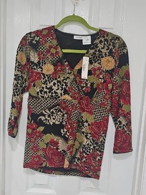 East 5th Black Floral Wrap-Style Blouse with Red and Green Accents
